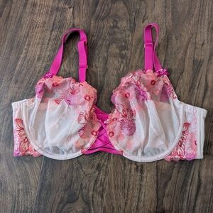 Cacique 44D Pink Floral Lace Bra Sheer Mesh Plus Size Women's